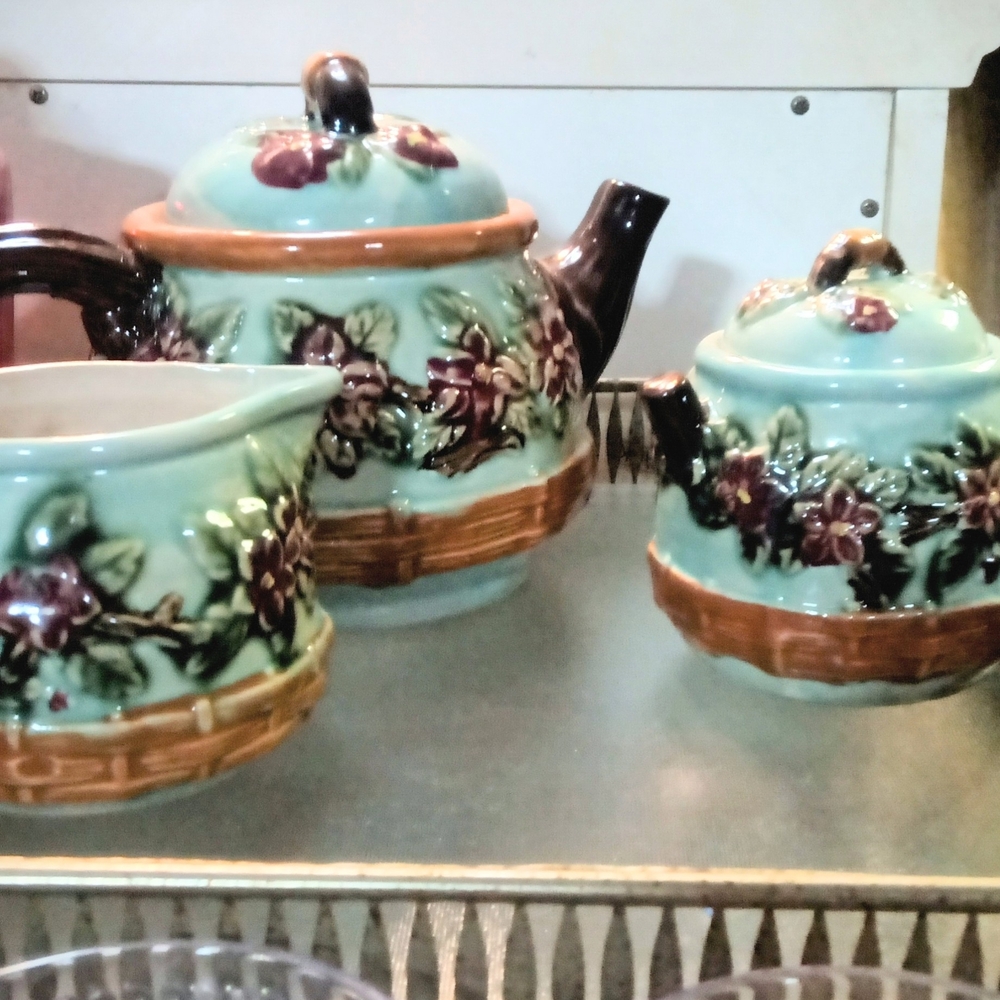 Floral Ceramic Tea Set - Green and Brown